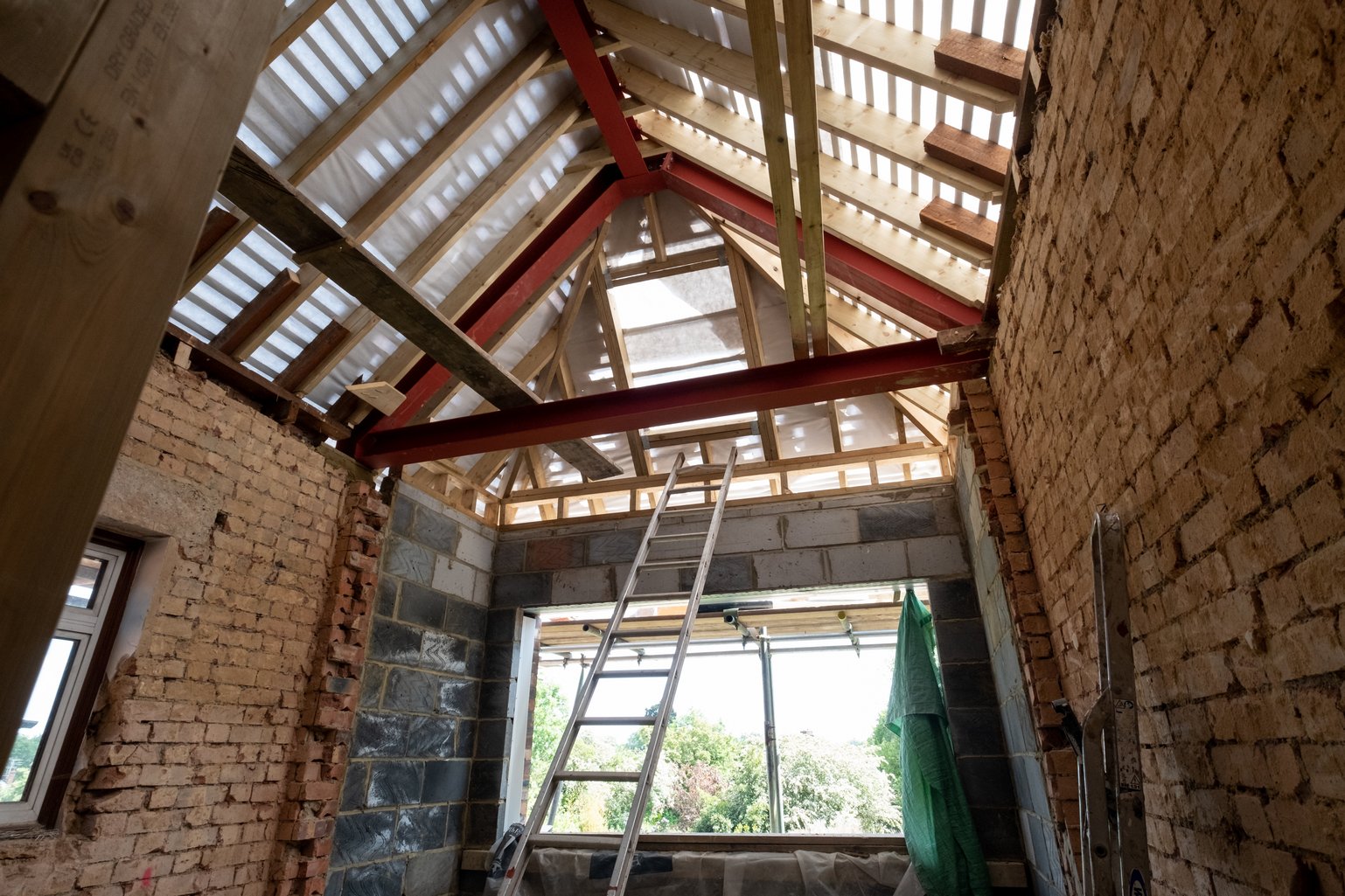 Loft conversion construction site with scaffolding
